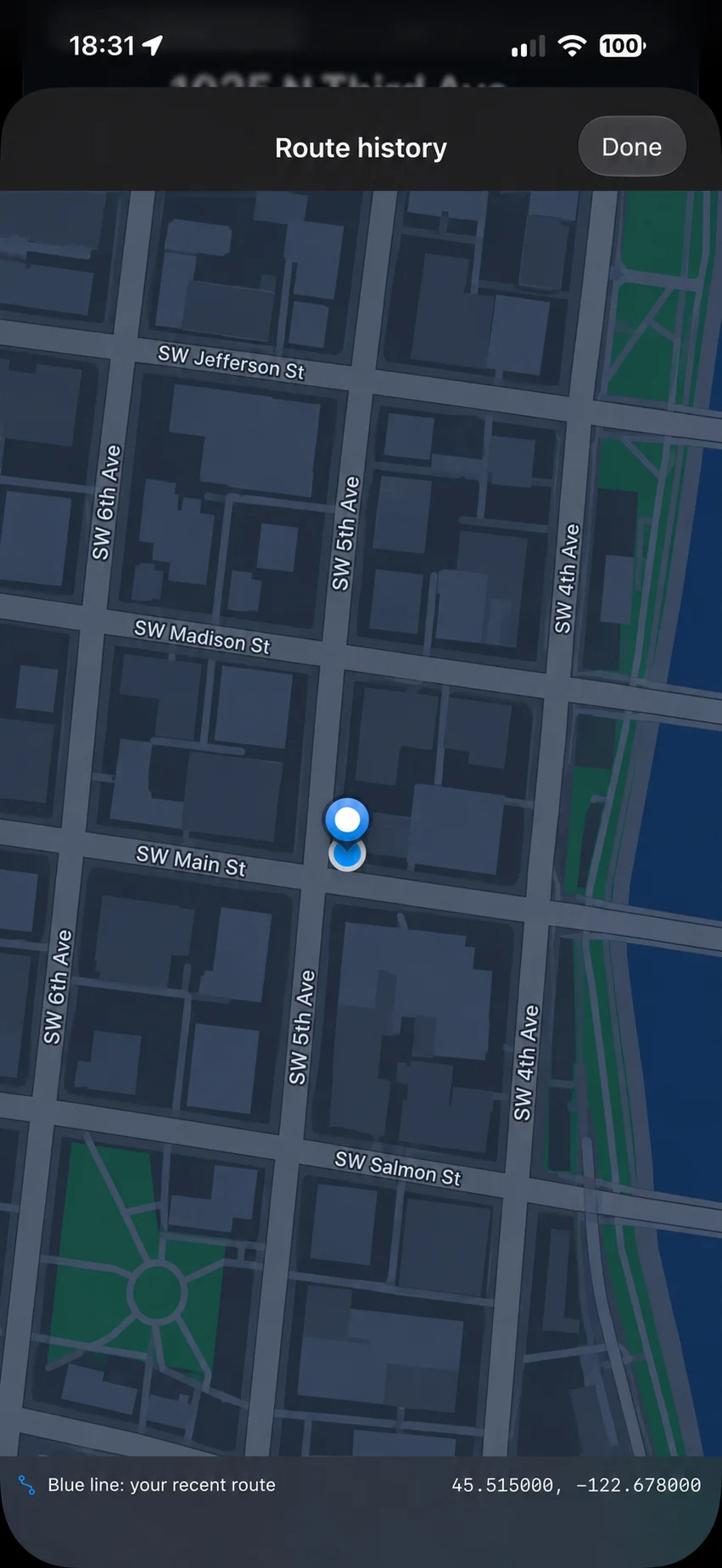 Illustrative route history screen with a map centered near SW 5th Avenue and SW Main Street in Portland